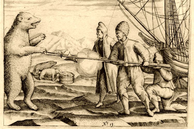 Ilustrasi kru dari Willem Barentsz sedang melawan beruang kutub