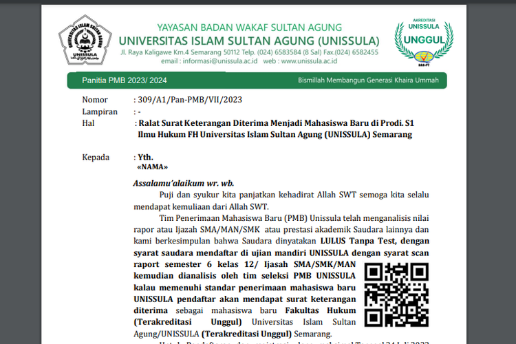 Ralat surat keterangan diterima menjadi mahasiswa baru Unissula, Semarang, Jawa Tengah.
