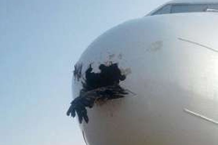 Dalam foto yang diunggah ke Twitter itu memperlihatkan hidung pesawat Boeing 737 milik Tarco Air berlubang ditabrak seekor burung.