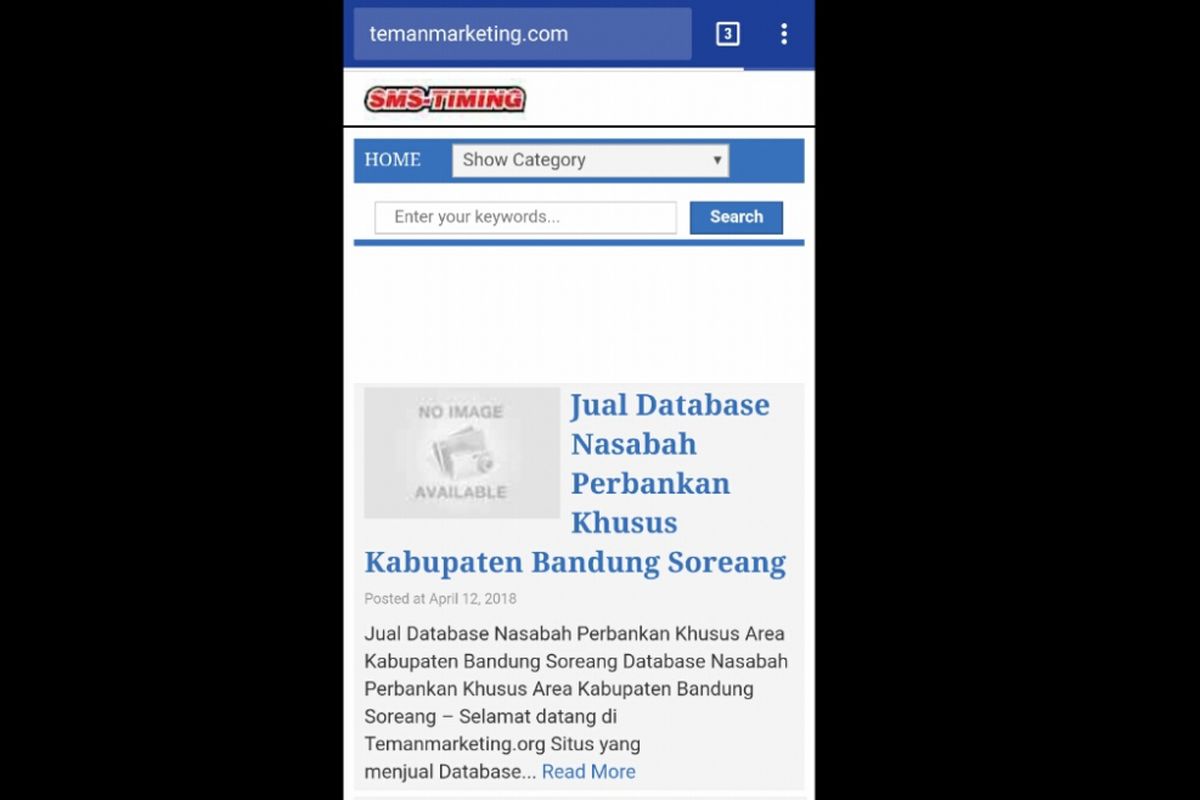 Tampilan website temanmarketing.com yang jual data nasabah bank.