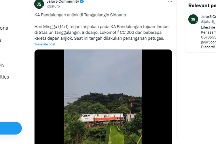 Tangkapan layar unggahan soal KA Pandalungan anjlok di Stasiun Tanggulangin, Sidoarjo, Minggu (14/1/2024) pagi.