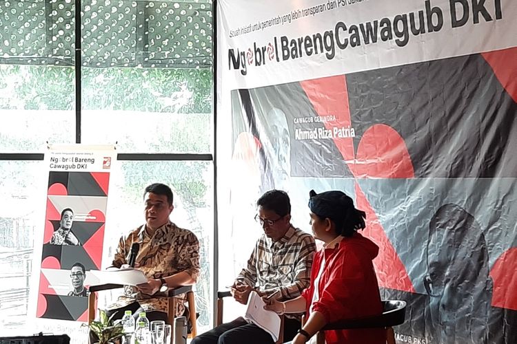Debat calon wakil gubernur Nurmansjah Lubis dari PKS dan Ahmad Riza Patria dari Gerindra soal banjir, di kawasan Kebayoran Baru, Jakarta Selatan, Jumat (6/3/2020)