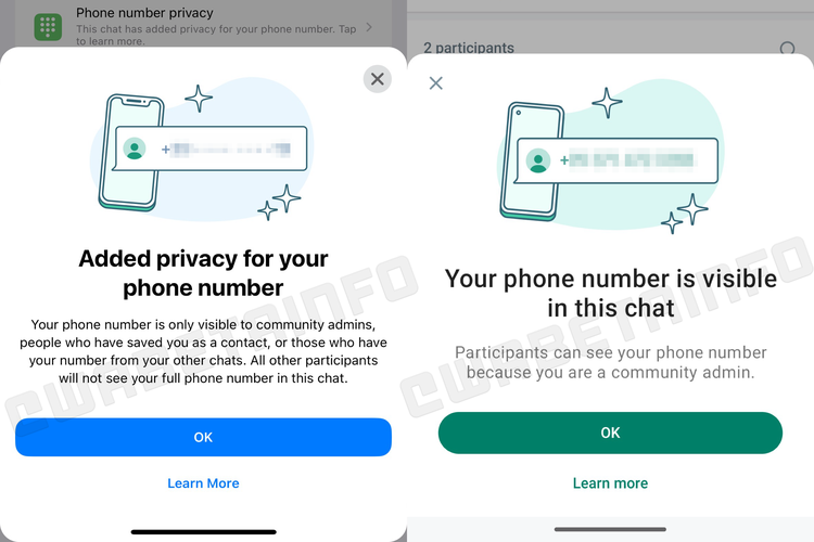 (Kiri-kanan) Tampilan fitur baru Phone Number Privacy di perangkat iOS dan Android