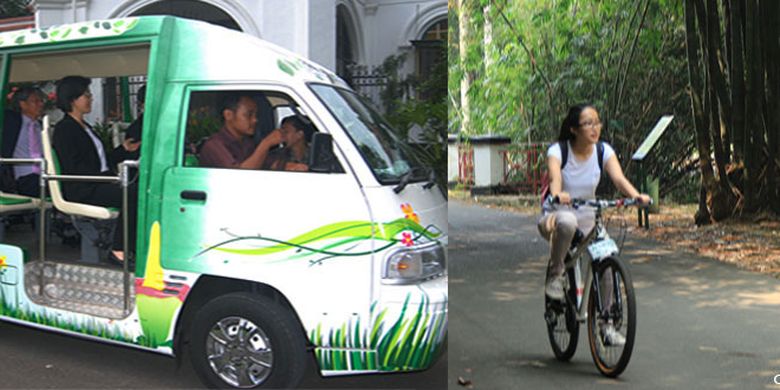 Wisatawan selain bisa berjalan kaki, juga menggunakan sepeda, dan mobil wara-wiri untuk menjelajahi Kebun Raya Bogor.