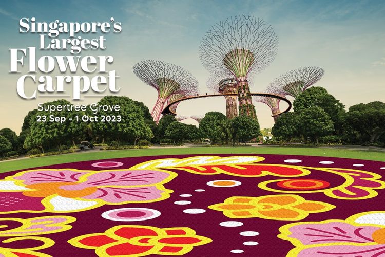Ilustrasi Flower Carpet atau Karpet Bunga di Gardens by the Bay, Singapura.