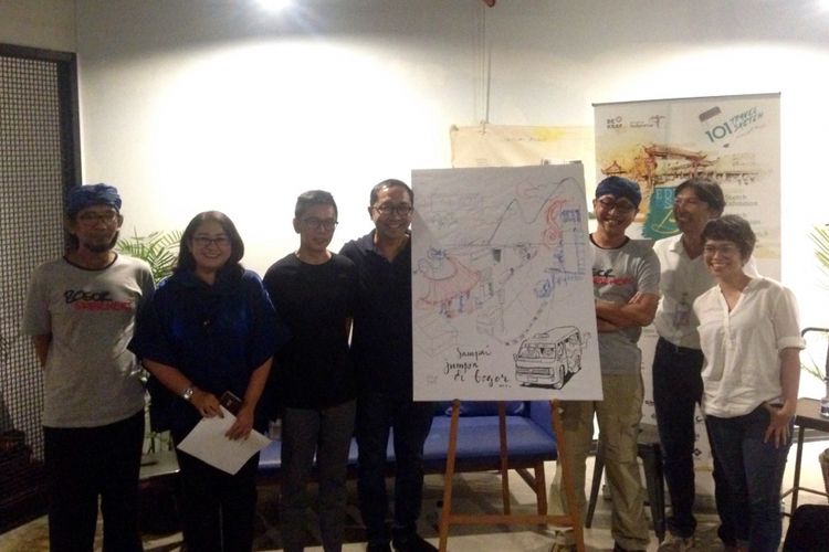 Beberapa seniman yang menjadi pembicara di acara koferensi pers acara 101 Travel Sketch, Jakarta Creative Hub, Selasa (10/10/2017). Acara 101 Travel Sketch sendiri akan dihelat tanggal 28-29 Oktober 2017 di Bogor.