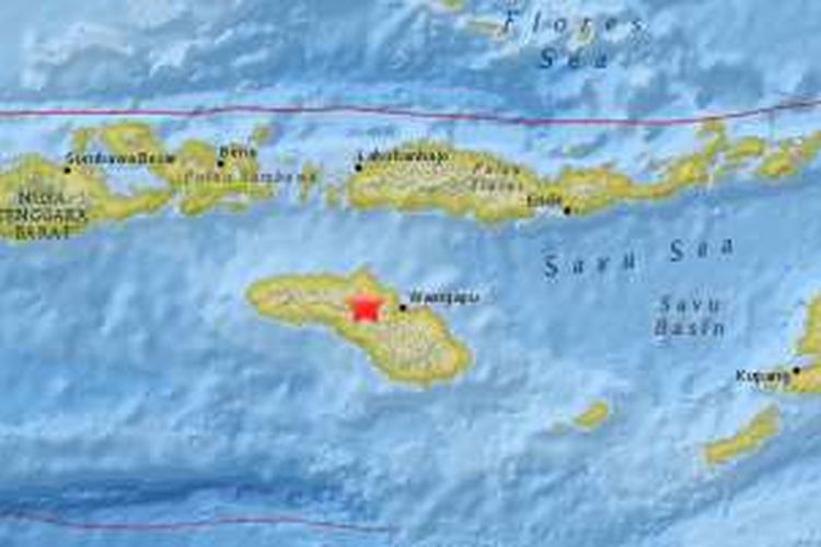 Pusat gempa bumi di Kabupaten Sumba Tengah, Nusa Tenggara Timur (NTT), Sabtu (13/8/2016) pagi.