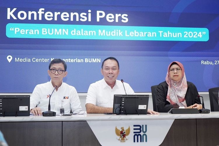 Konferensi pers bertajuk ?Peran BUMN dalam Mudik Lebaran Tahun 2024? digelar di Media Center Kementerian BUMN, Jakarta, Rabu (27/3/2024).