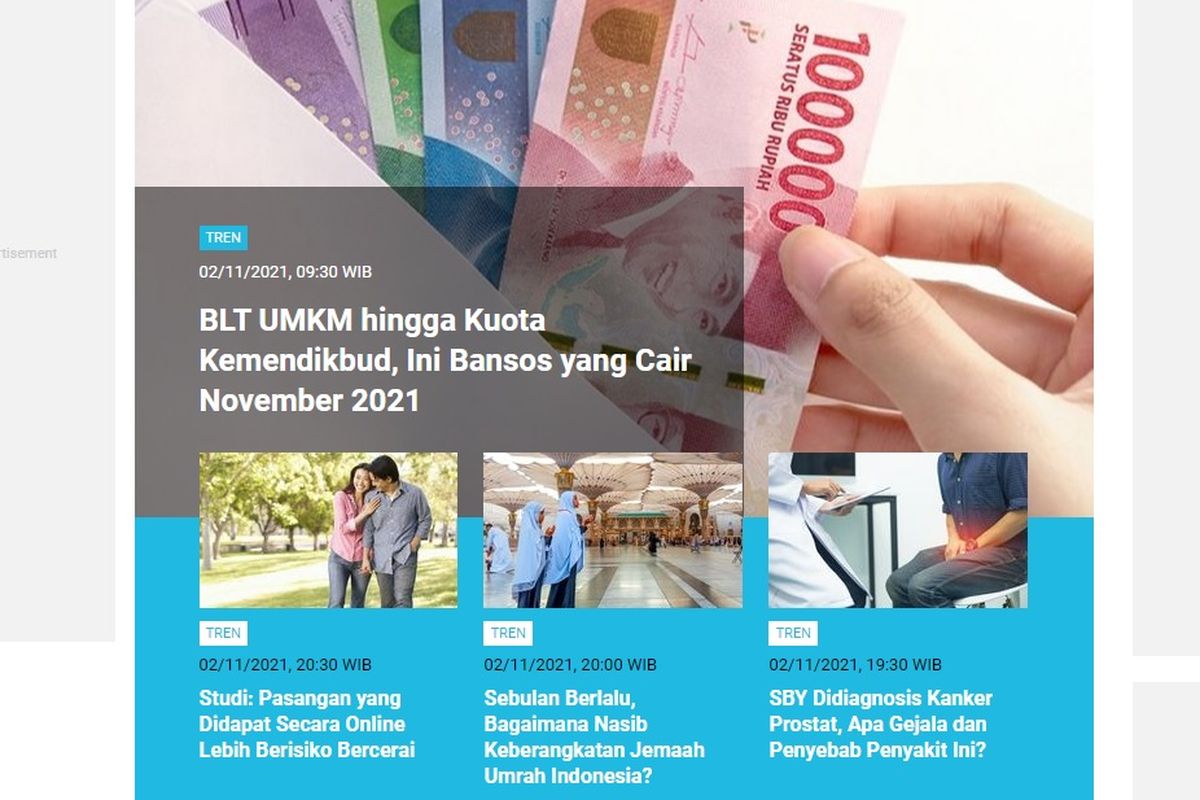 Tangkapan layar berita populer di laman Tren sepanjang Selasa (2/11/2021) hingga Rabu (3/11/2021) pagi.