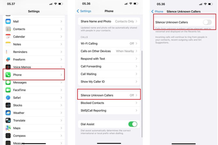 Ilustrasi cara menolak otomatis panggilan nomor tidak dikenal di iPhone.