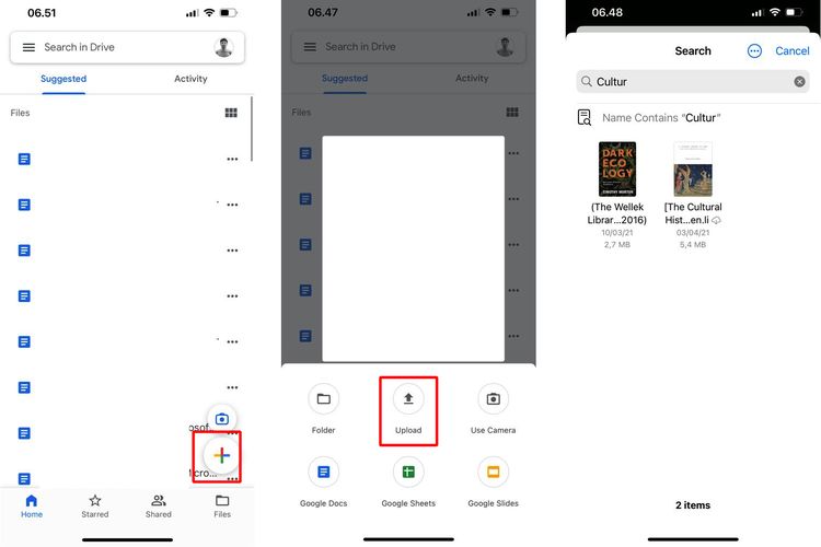 Ilustrasi cara upload file ke Google Drive melalui iPhone.