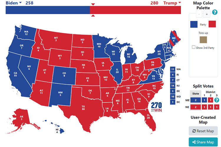 Peta skenario kemenangan Electoral College yang paling realistis untuk calon presiden Partai Republik Presiden petahana Donald Trump