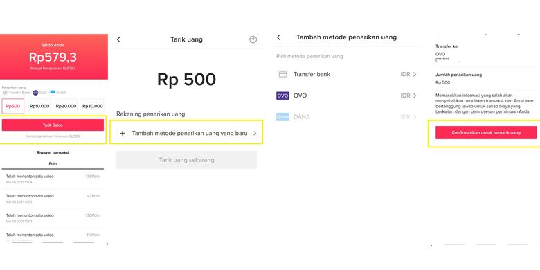 Tangkapan layar cara menarik uang dari TikTok Lite.