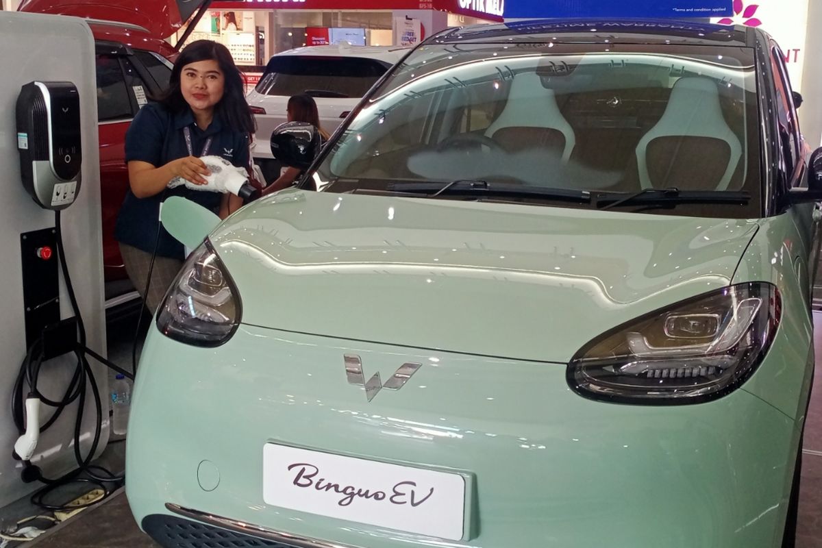Pameran produk mobil listrik terbaru dari Wuling yakni BinguoEV di Mall Olympic Garden (MOG), Kota Malang pada Sabtu (13/1/2024). 