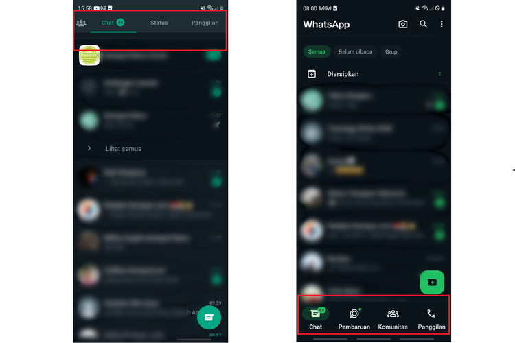 Ilustrasi perubahan tampilan WhatsApp Android. Tampilan WhatsApp Android versi sebelumnya dengan bar menu berada di atas (kanan) dan tampilan baru dengan bar menu di bawah (kiri).