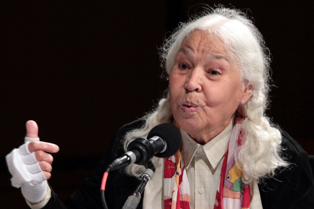 Tunisian  Egyptian feminist writer Nawal el Saadawi speaks during a radio show hosted by France Inter and daily newspaper Le Monde 8 mars, 8 femmes (March 8, 8 women) on March 8, 2012 in Paris.  AFP PHOTO / MARINA HELLI (Photo by MARINA HELLI / AFP)