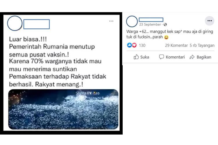 Tangkapan layar unggahan Facebook tentang hoaks Rumania menutup semua pusat vaksin