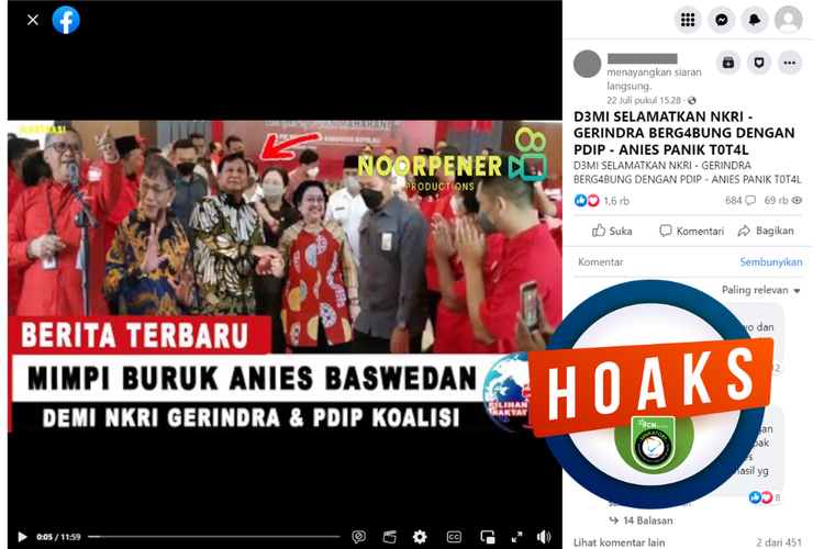 Tangkapan layar unggahan dengan narasi hoaks di sebuah akun Facebook, Minggu (22/7/2023), yang menyebut Gerindra bergabung dengan PDI-P.