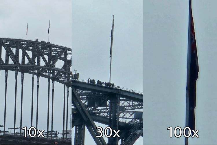 Berkat zoom Galaxy S23 Ultra, kami bisa melihat detail rangka bangunan Harbour Bridge dari jarak yang cukup jauh. Kami juga menangkap momen orang-orang yang sedang menaikkan bendera di sisi paling atas Harbour Bridge.