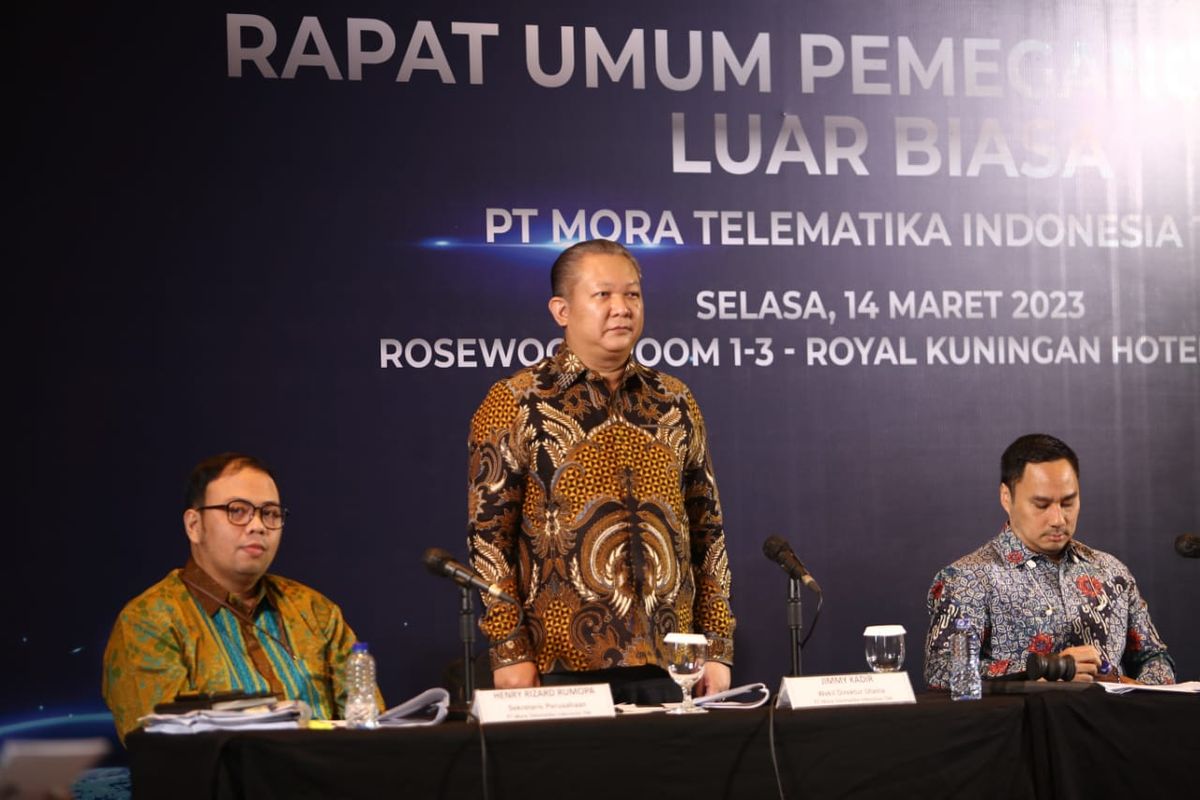 Rapat Umum Pemegang Saham Luar Biasa (RUPS LB) PT Mora Telematika Indonesia Tbk (MORA) di Jakarta, pada Selasa (14/3/2023). 