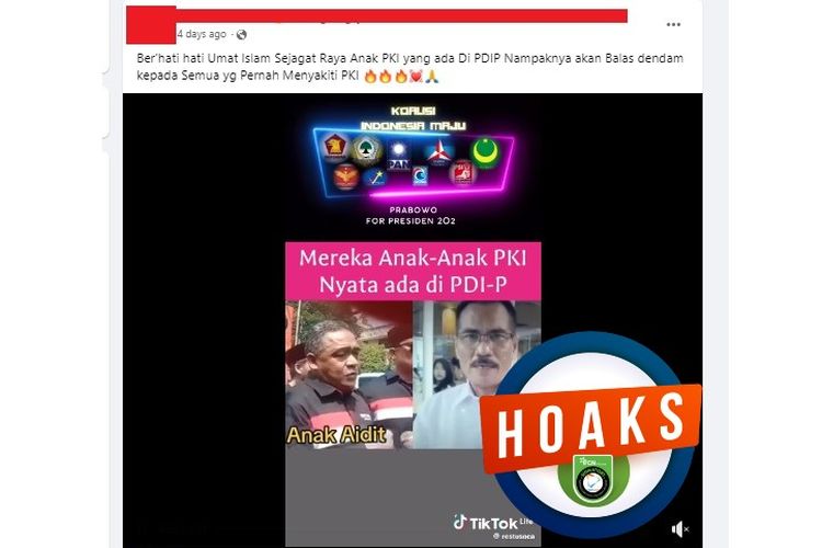 Tangkapan layar Facebook narasi yang menyebut anak DN Aidit yang ada PDI-P akan balas dendam terhadap pihak yang pernah menyakiti PKI
