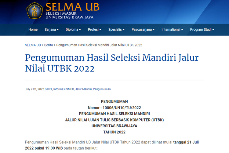 Tangkapan layar laman selma.ub.ac.id mengenai pengumuman hasil seleksi mandiri UB jalur UTBK 2022.