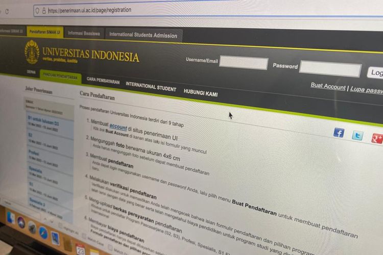 Tampilan website penerimaan.ui.ac.id buat pendaftaran SIMAK UI 2022