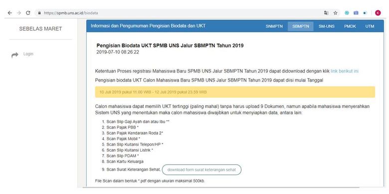 Tampilan laman biodata SPMB UNS jalur SBMPTN