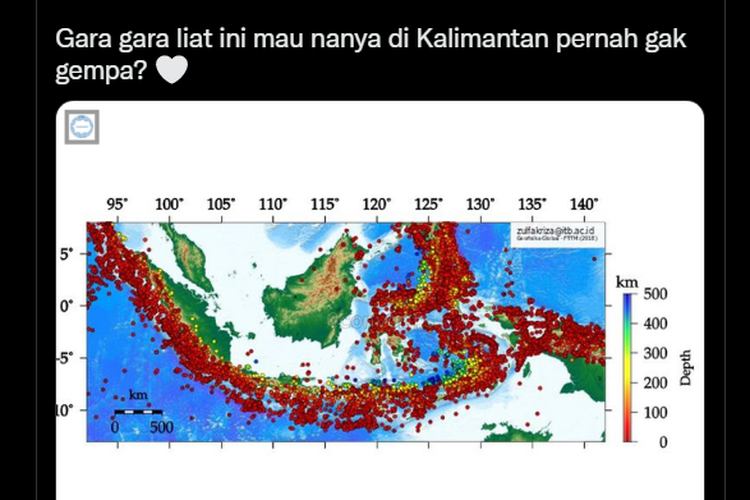 Tangkapan layar twit dari warganet yang menanyakan apakah Kalimantan pernah gempa atau tidak beredar di media sosial pada Rabu (23/11/2022).