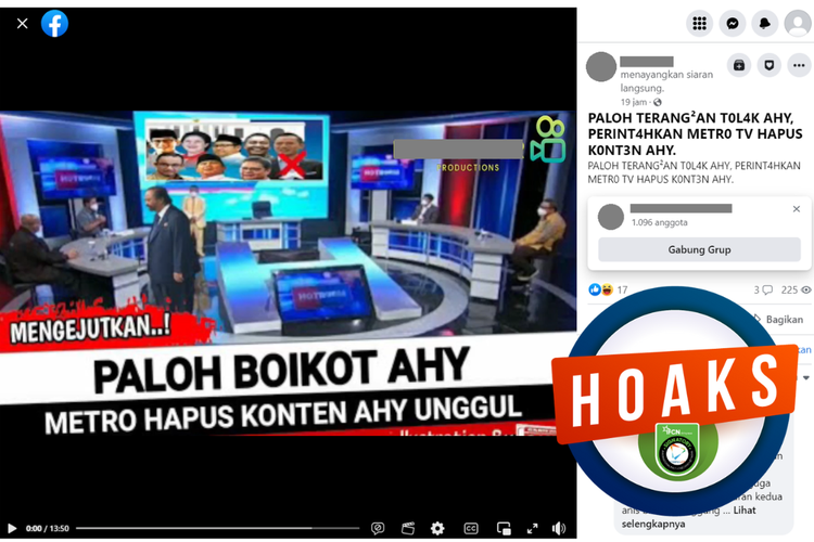Tangkapan layar unggahan dengan narasi hoaks di sebuah akun Facebook, Kamis (27/7/2023), yang menyebut Surya Paloh memerintahkan Metro TV untuk menghapus konten AHY.