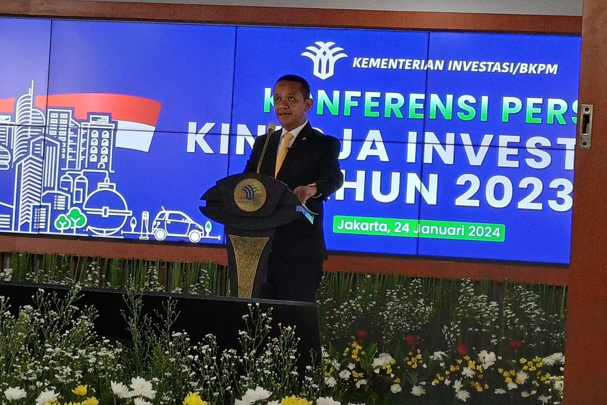 Menteri Investasi/Kepala BKPM Bahlil Lahadalia dalam Konferensi Pers Kinerja Investasi Tahun 2023 di Kantor BKPM, Jakarta, Rabu (24/1/2024).