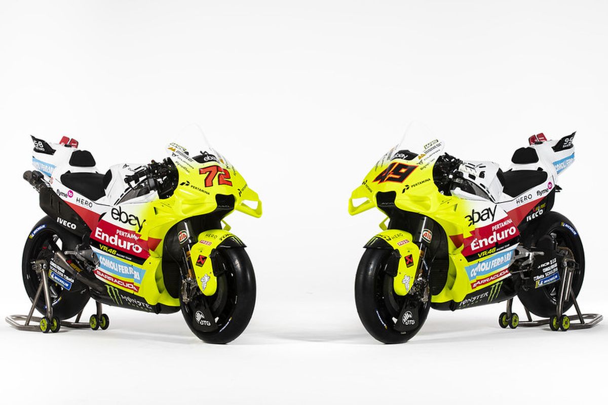 Pertamina Enduro VR46 Racing Team dengan livery yang didominasi warna kuning dan putih
