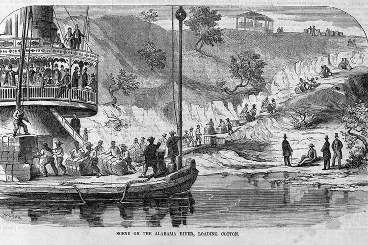 Lukisan yang mengisahkan aktivitas bongkar muat kapas yang dikerjakan para budak di Sungai Alabama pada abad ke-19.