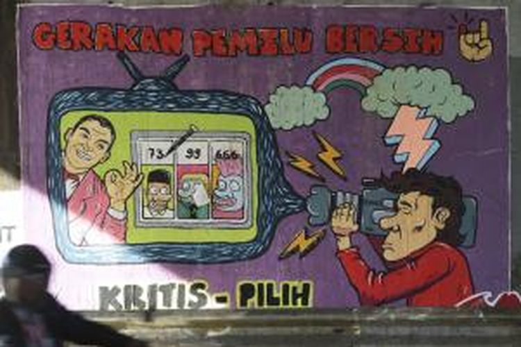 Mural untuk gerakan pemilu bersih di sebuah kolong jalan layang di Jakarta, Selasa (3/6/2014). Pemilihan presiden dan wakil presiden yang bersih, aman, dan adil pada 9 Juli mendatang menjadi harapan seluruh masyarakat Indonesia.