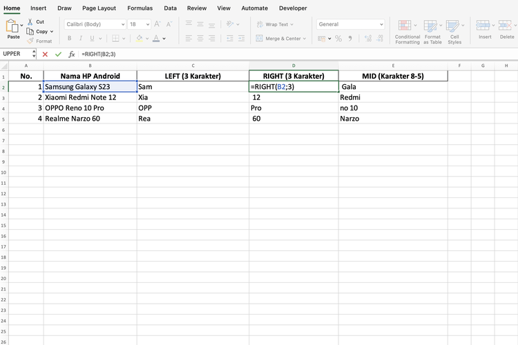 Ilustrasi rumus RIGHT di Excel