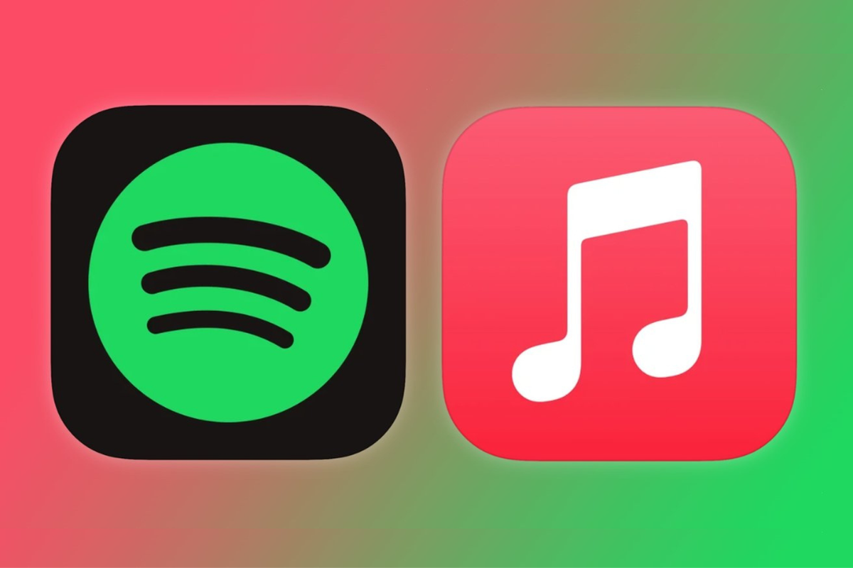Ilustrasi tampilan logo aplikasi Spotify (kiri) dan Apple Music (kanan).