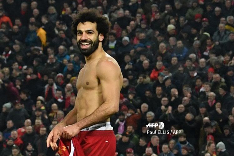 Selebrasi penyerang Liverpool, Mohamed Salah, setelah membobol gawang Manchester United dalam lanjutan pekan ke-23 Liga Inggris 2019-2020.