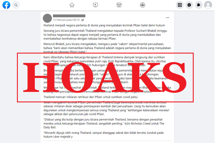 Tangkapan layar unggahan dengan narasi hoaks di sebuah akun Facebook, Senin (13/2/2023), yang menyebut Thailand memutuskan hubungan bisnis dengan Pfizer.