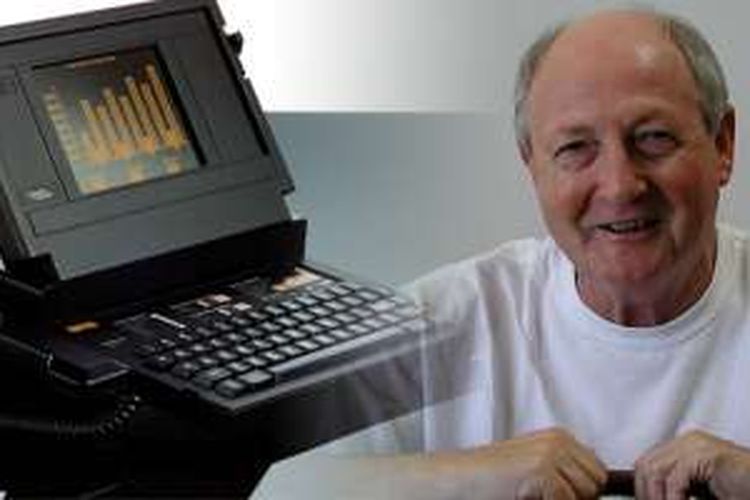 John Ellenby bersama laptop lipat ciptaannya, Grid Compass.