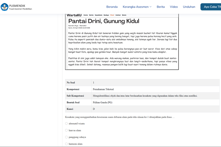 Tangkapan layar contoh soal TKA online mata pelajaran Bahasa Indonesia SMP/MTs/Sederajat