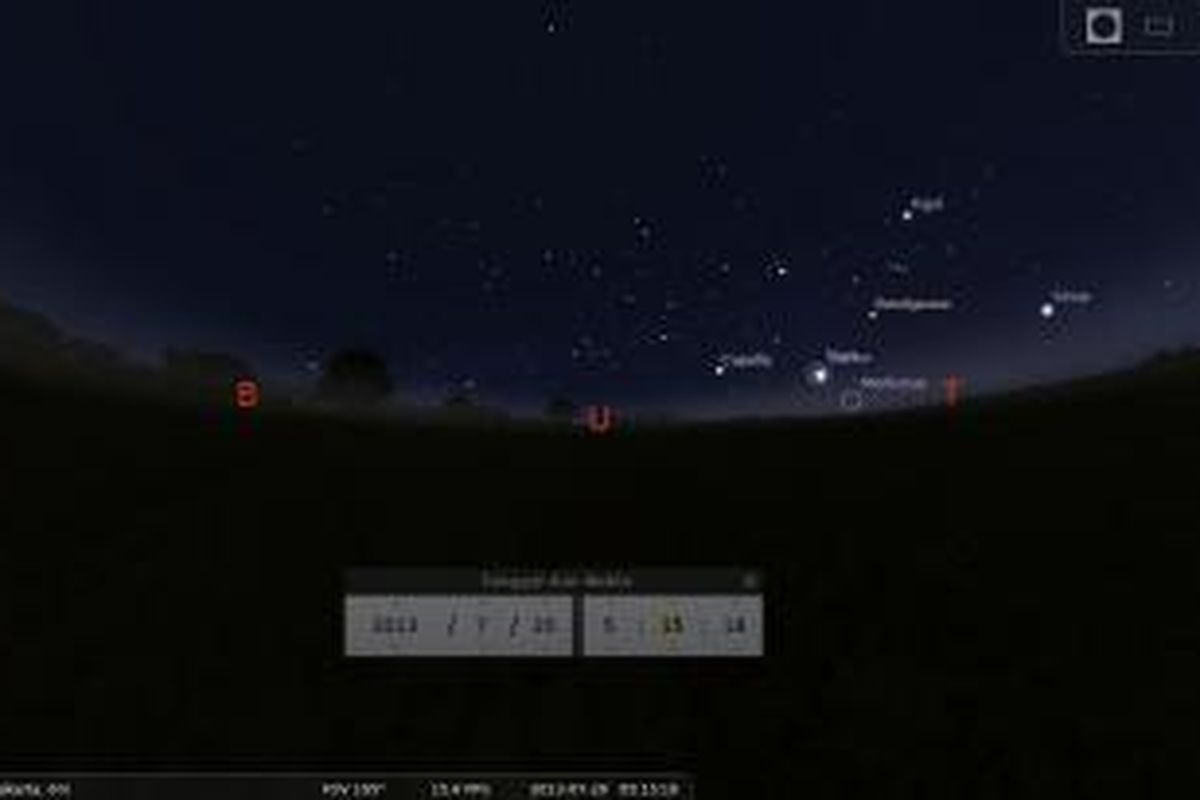 Mars dan Jupiter akan menghiasi langit selepas santap sahur hingga menjelang fajar minggu ini. Jumat (19/7/2013), Merkurius akan menyusul. Ketiga planet itu akan ditemani oleh dua bintang terang, Sirius dan Betelgeuse. 