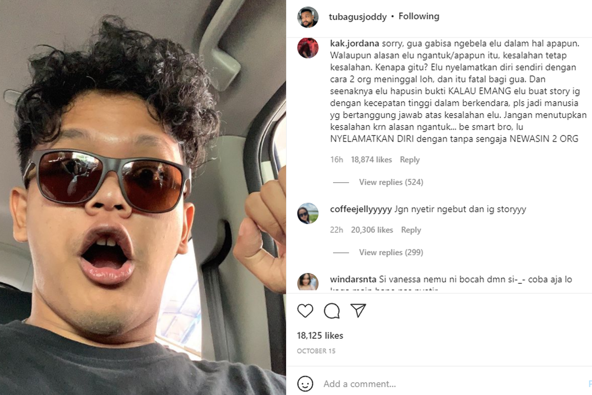 Unggahan akun Instagram sopir Vanessa Angel, Tubagus Joddy dipenuhi komentar pedas netizen.