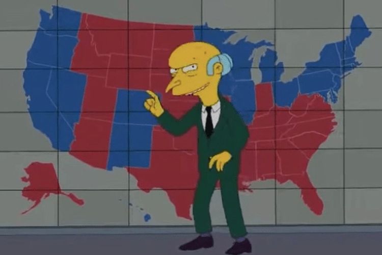Cuplikan episode The Simpsons 2012 yang menampilkan peta pemilu AS sangat mirip dengan pilpres 2020. Hanya negara bagian Arizona yang berbeda, di kartun itu merah tapi tahun ini dimenangkan Demokrat (biru).