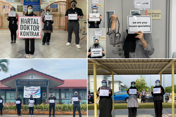 Dokter Malaysia berpakaian hitam, berjalan keluar di sejumlah rumah sakit termasuk Rumah Sakit Kuala Lumpur (HKL) dan Rumah Sakit Sungai Buloh dalam aksi mogok Hartal Dokter Kontrak.