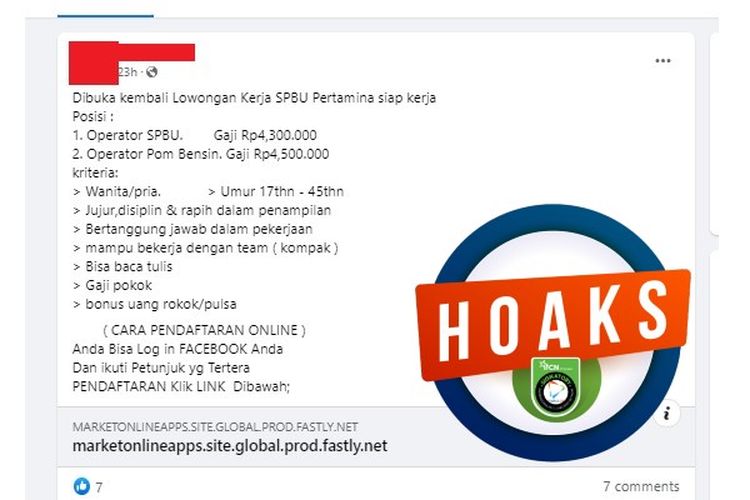 Tangkapan layar Facebook lowongan kerja yang diklaim berasal dari Pertamina