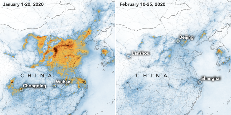 Polusi nitrogen dioksida di atas China turun, hasil citra satelit Sentinel-5P milik ESA. Perbandingan polusi pada Januari 2020 dan Februari 2020.