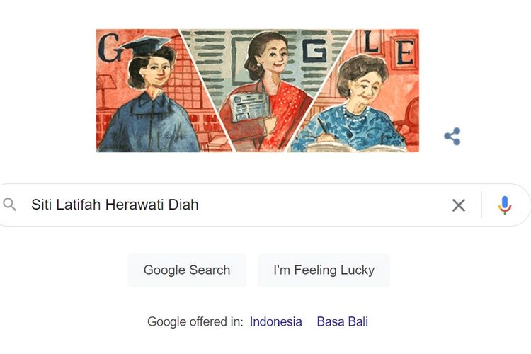Tangkapan layar Google Doodle hari ini, Minggu (3/4/2022) yang menampilkan Siti Latifah Herawati Diah.