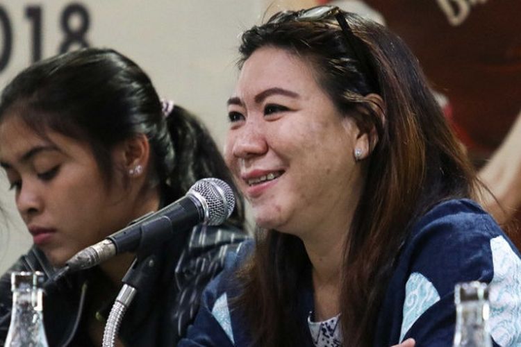 Kabid Binpres PP PBSI Susy Susanti berbicara dalam konferensi pers jelang Indonesia Open 2018 di Hotel Sultan, Jakarta, Senin (2/7/2018).
