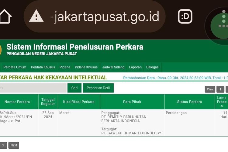 Tangkapan layar website resmi PN Jakarta Pusat