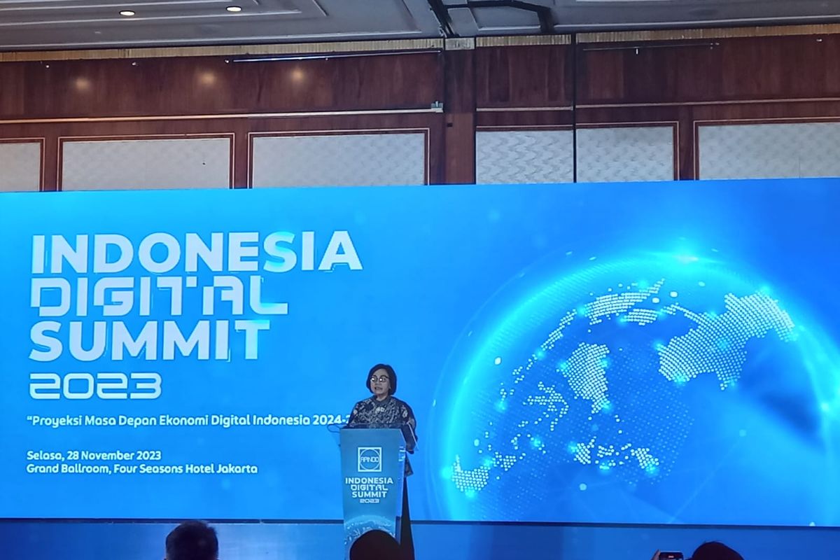 Menteri Keuangan (Menkeu) Sri Mulyani dalam acara Indonesia Digital Summit 2023 di Jakarta, Selasa (28/11/2023).
